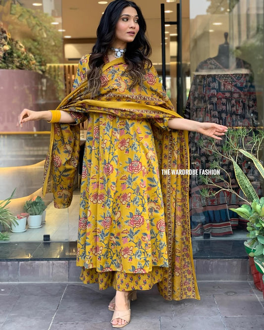 Women's Printed Cotton Anarkali Kurta & Pant With Dupatta Set