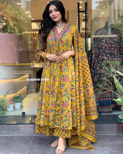 Women's Printed Cotton Anarkali Kurta & Pant With Dupatta Set