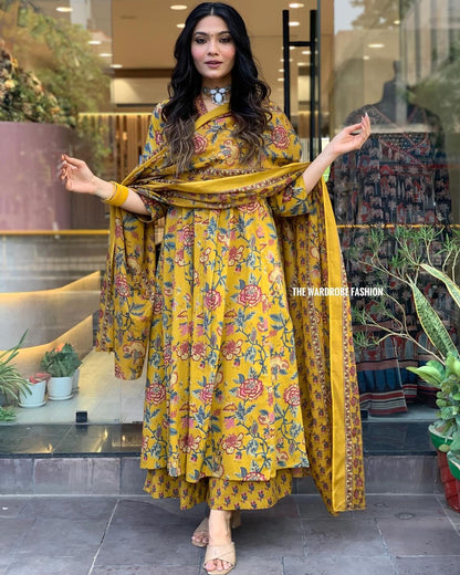 Women's Printed Cotton Anarkali Kurta & Pant With Dupatta Set