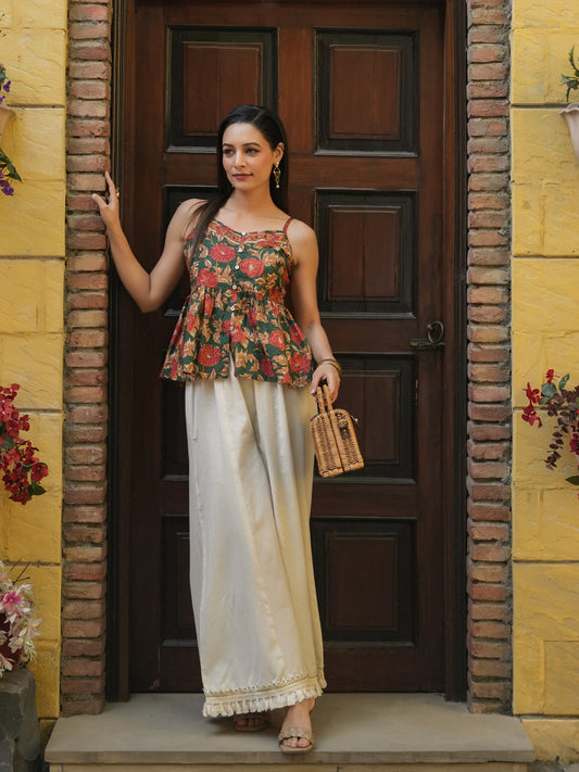 Sleeveless Green Floral Peplum Top