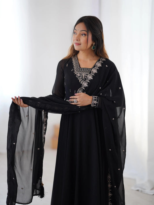 Soft Faux Georgette Black Beauty Anarkali Flair Party Wear Kurti Pant Dupatta Set (Ready to Wear) Ethenika.com