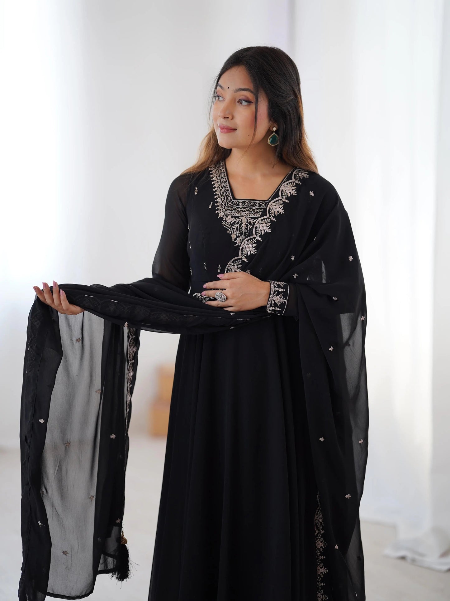 Soft Faux Georgette Black Beauty Anarkali Flair Party Wear Kurti Pant Dupatta Set (Ready to Wear) Ethenika.com