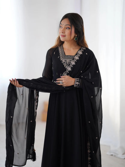 Soft Faux Georgette Black Beauty Anarkali Flair Party Wear Kurti Pant Dupatta Set (Ready to Wear) Ethenika.com