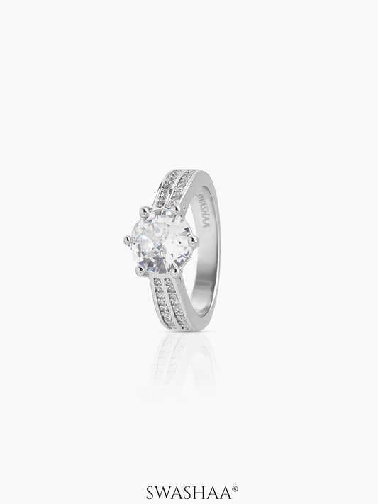 Solene Crowned Round Silver Diamond Solitaire Women's Ring