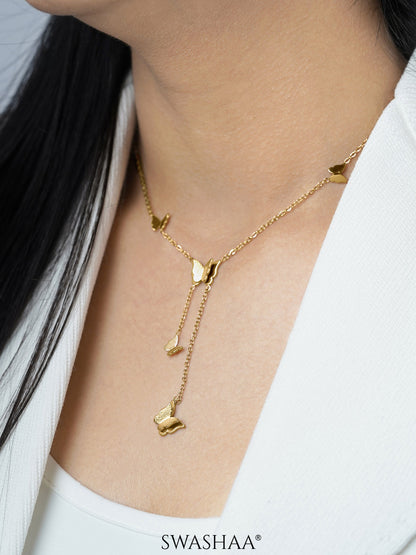 Statement Butterfly Charms 18K Gold Plated Y-shaped Chain Pendant Necklace
