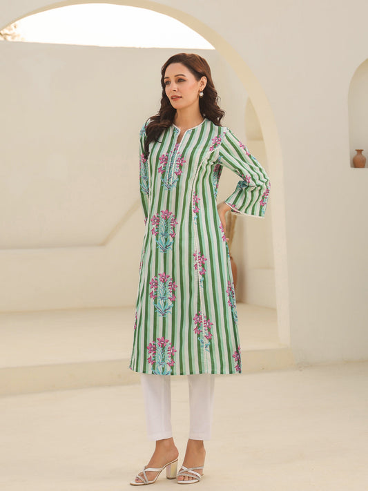 Strip printed cotton kurta