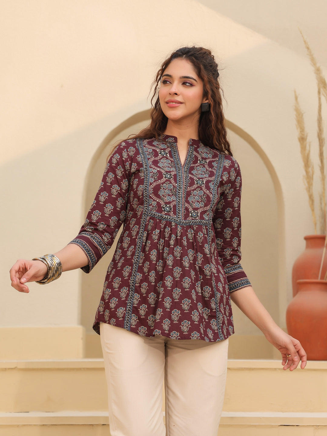 Stylish Red Cotton Mandarin Top