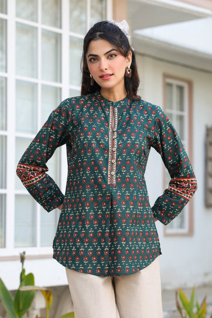 Stylish green cotton printed top