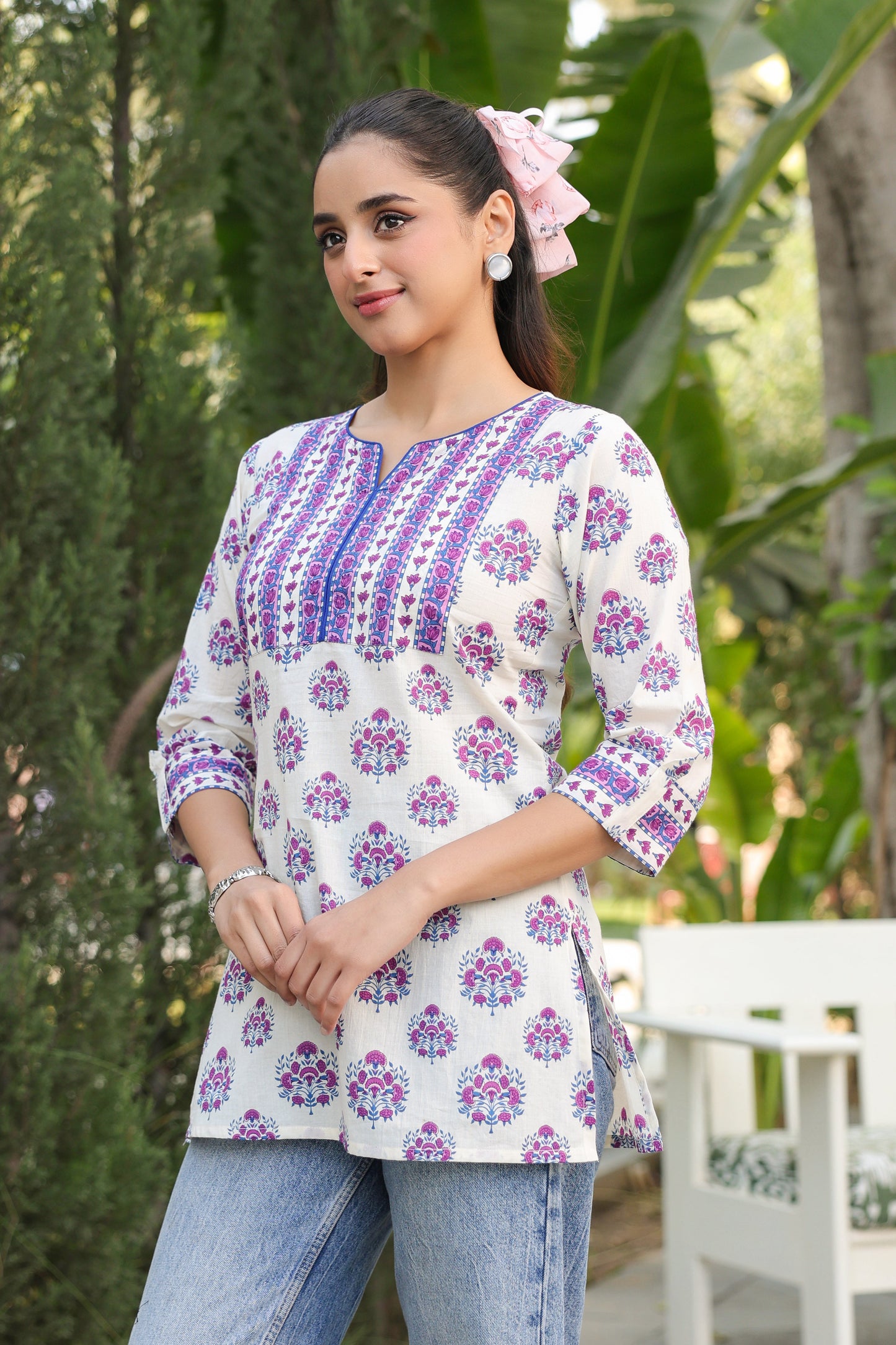Stylish round neck cotton top with traditional ethnic motifs