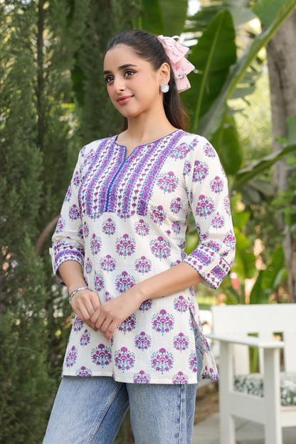 Stylish round neck cotton top with traditional ethnic motifs