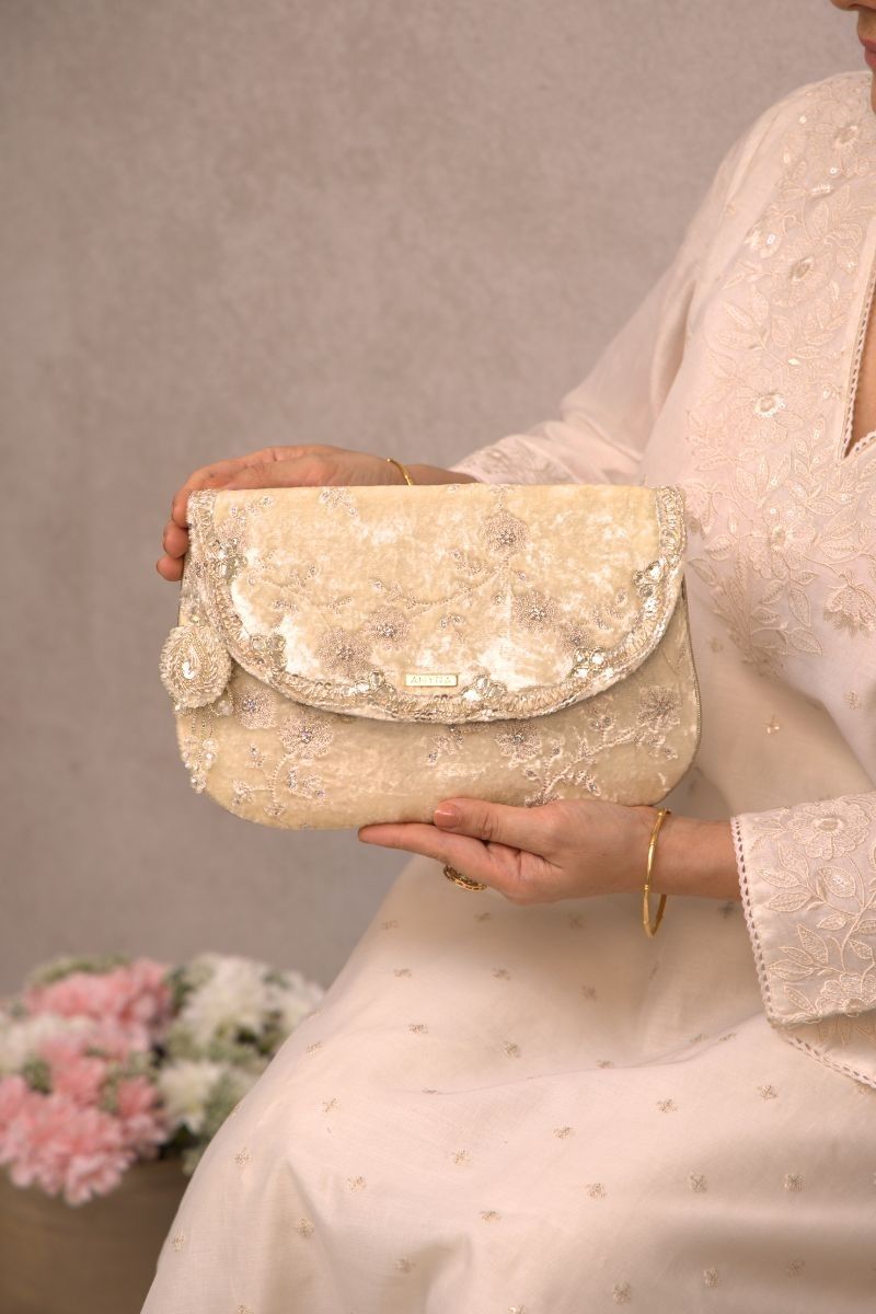 Suki Velvet Embroidered Envelope Bag - Offwhite
