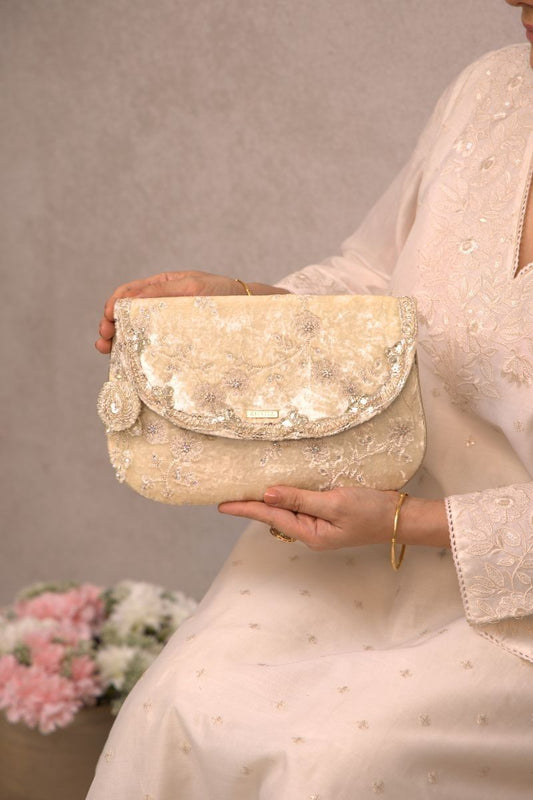 Suki Velvet Embroidered Envelope Bag - Offwhite