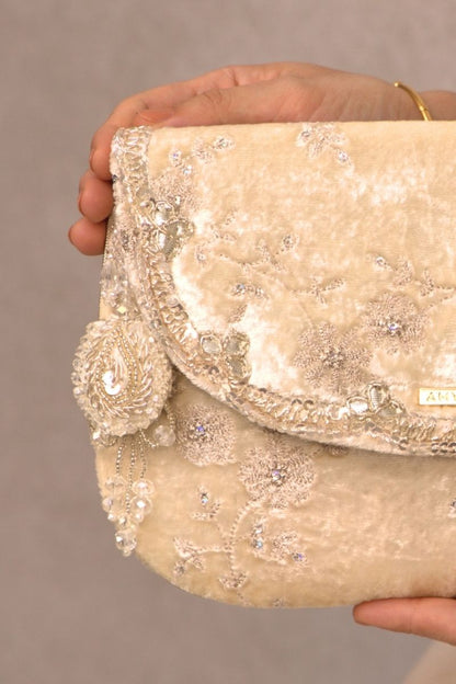 Suki Velvet Embroidered Envelope Bag - Offwhite