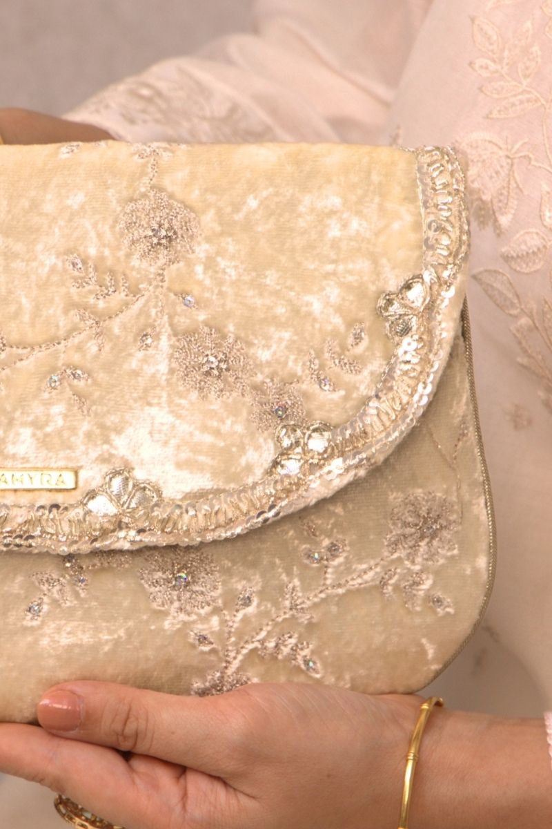 Suki Velvet Embroidered Envelope Bag - Offwhite