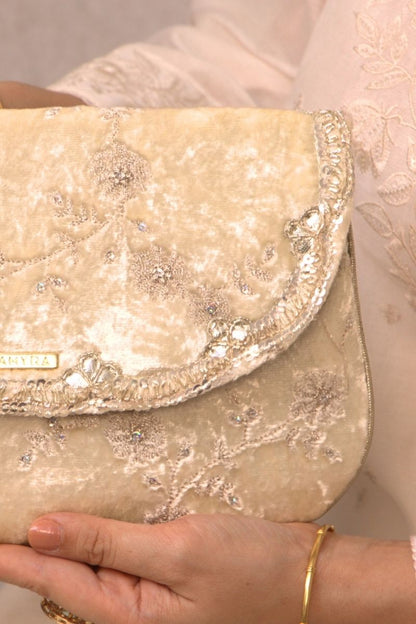 Suki Velvet Embroidered Envelope Bag - Offwhite