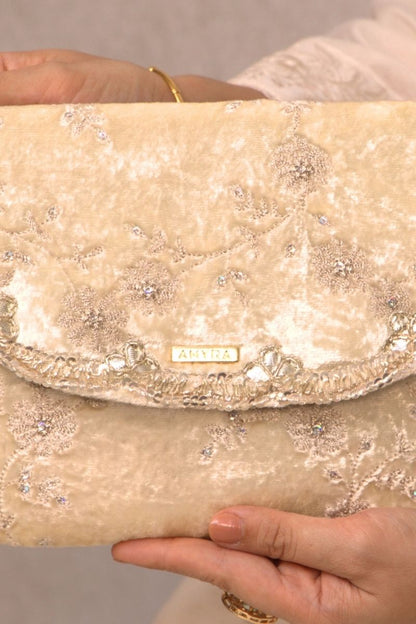 Suki Velvet Embroidered Envelope Bag - Offwhite