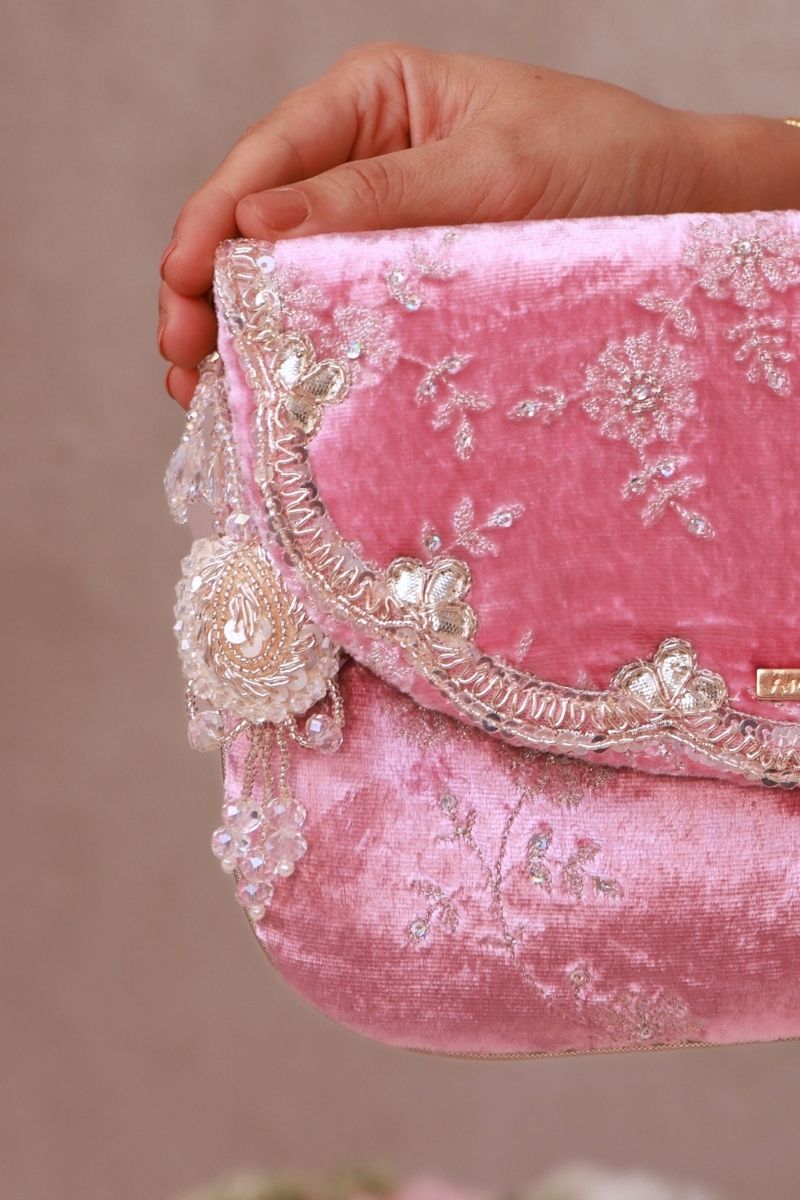 Suki Velvet Embroidered Envelope Bag - Pink