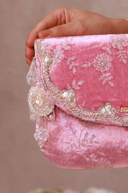 Suki Velvet Embroidered Envelope Bag - Pink