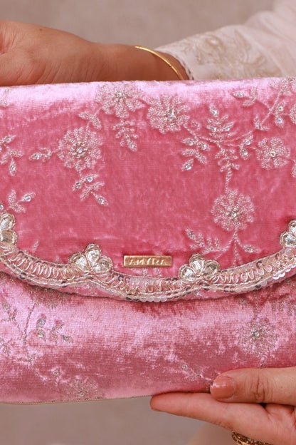 Suki Velvet Embroidered Envelope Bag - Pink