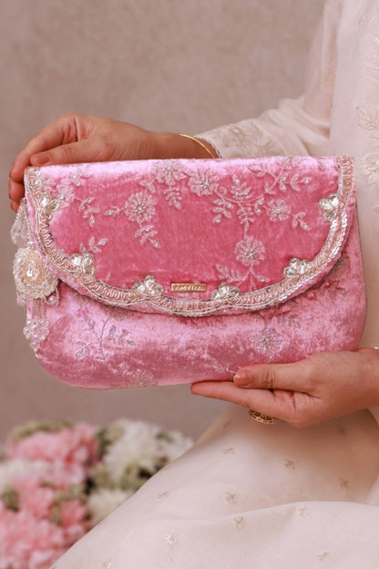 Suki Velvet Embroidered Envelope Bag - Pink