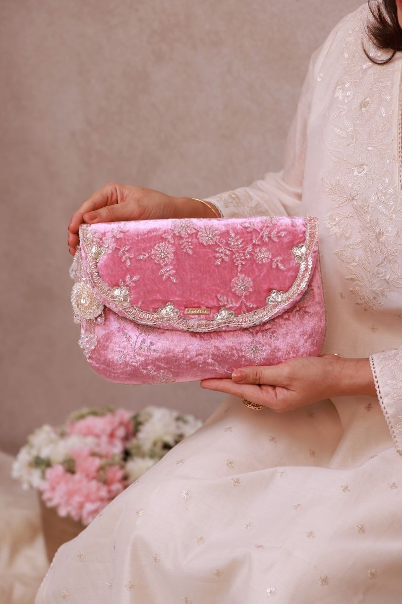 Suki Velvet Embroidered Envelope Bag - Pink