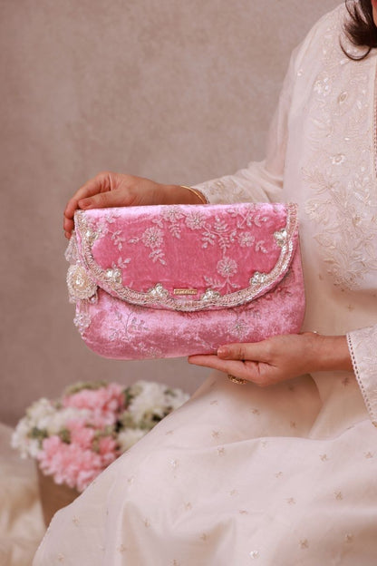 Suki Velvet Embroidered Envelope Bag - Pink