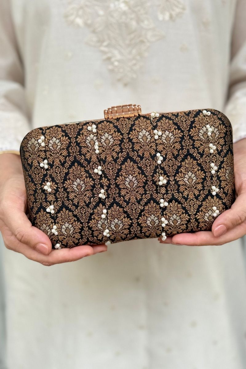 Sukoon Pearl Embellished Silk Clutch - Black
