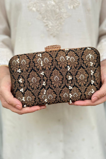 Sukoon Pearl Embellished Silk Clutch - Black