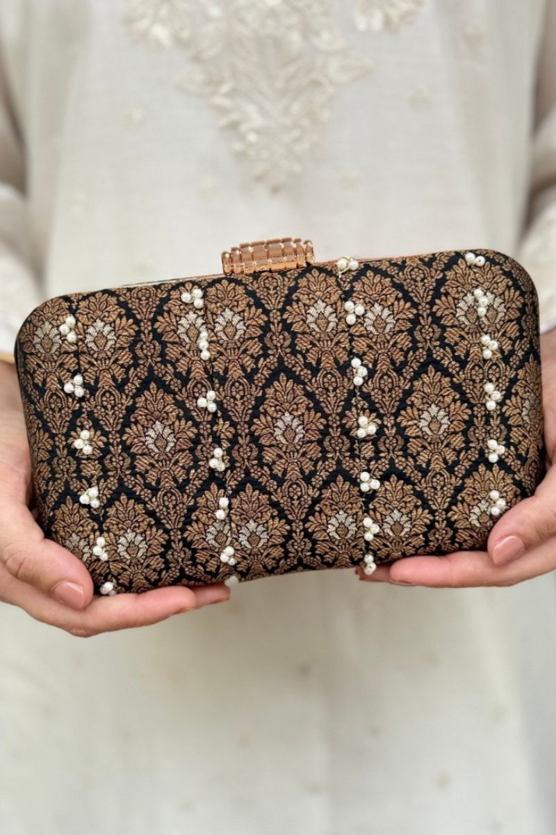 Sukoon Pearl Embellished Silk Clutch - Black