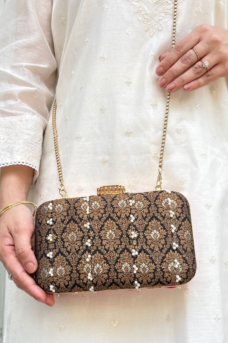 Sukoon Pearl Embellished Silk Clutch - Black