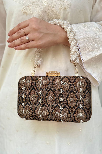 Sukoon Pearl Embellished Silk Clutch - Black