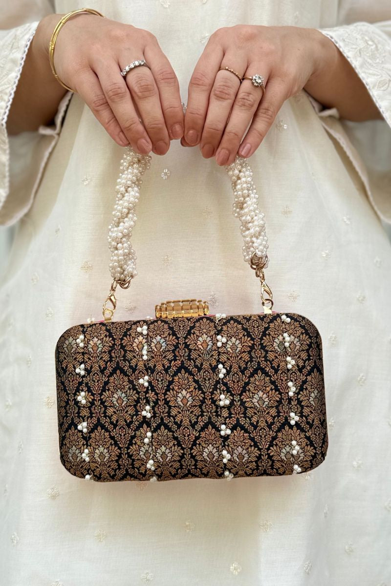 Sukoon Pearl Embellished Silk Clutch - Black