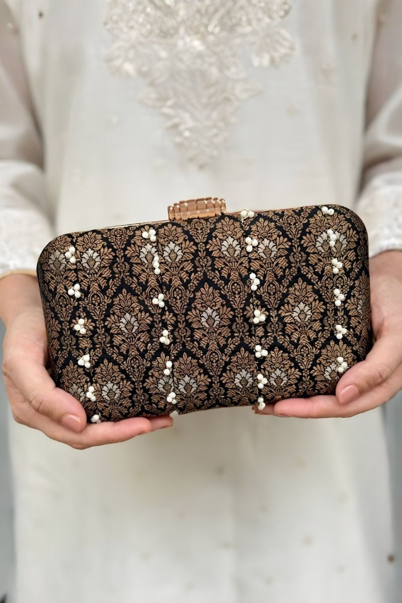 Sukoon Pearl Embellished Silk Clutch - Black
