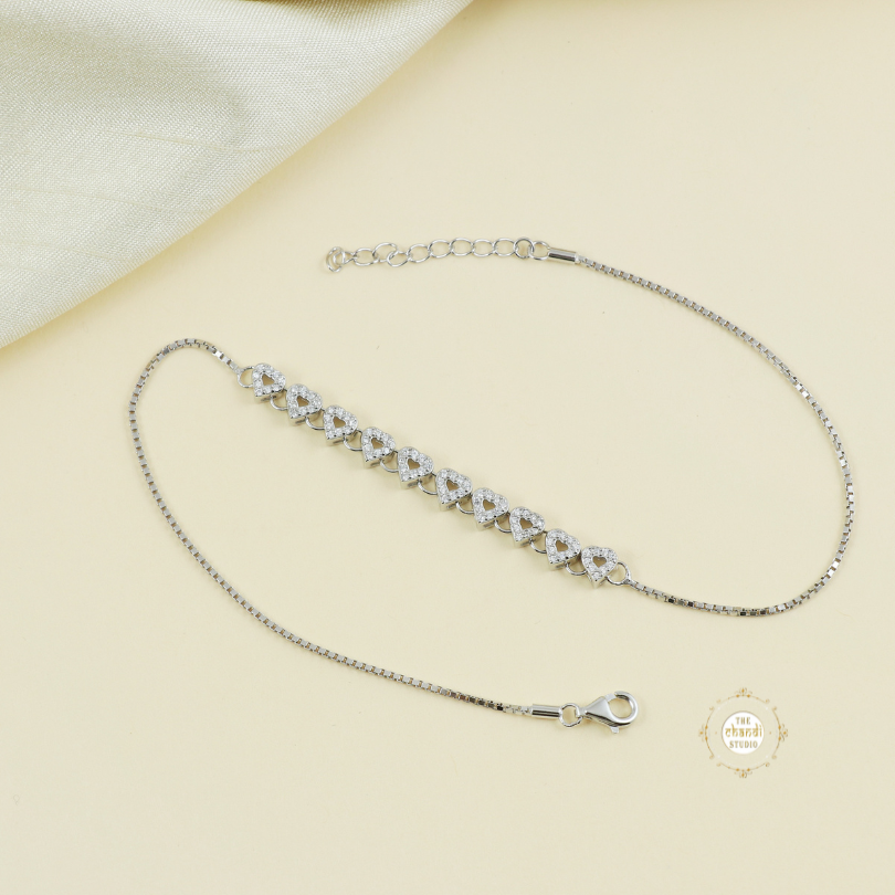 Sparkling Silver Dazzle Heart Anklet (Piece)