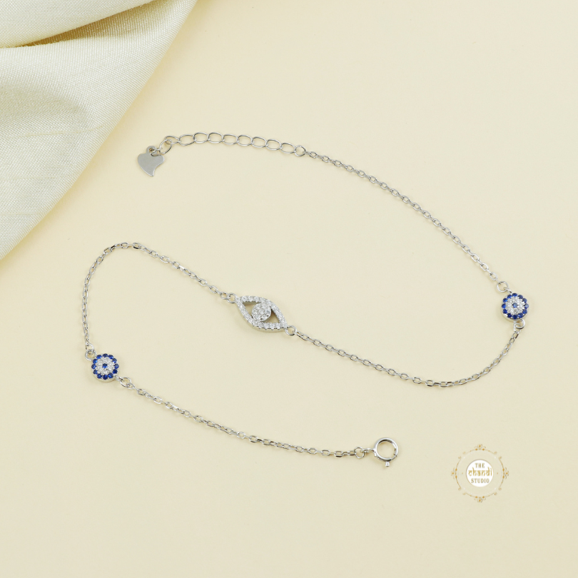 Sparkling Silver Evil Eye Anklet (Piece)
