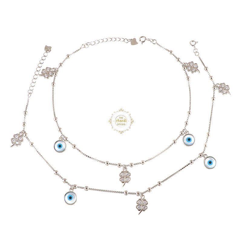 Sparkling Silver Clover Evil Eye Anklet