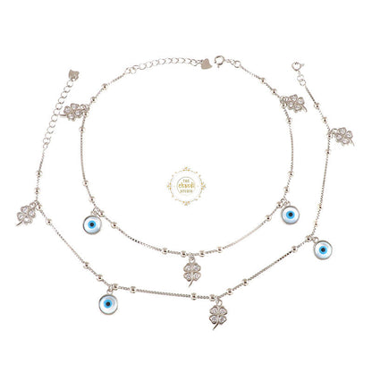 Sparkling Silver Clover Evil Eye Anklet