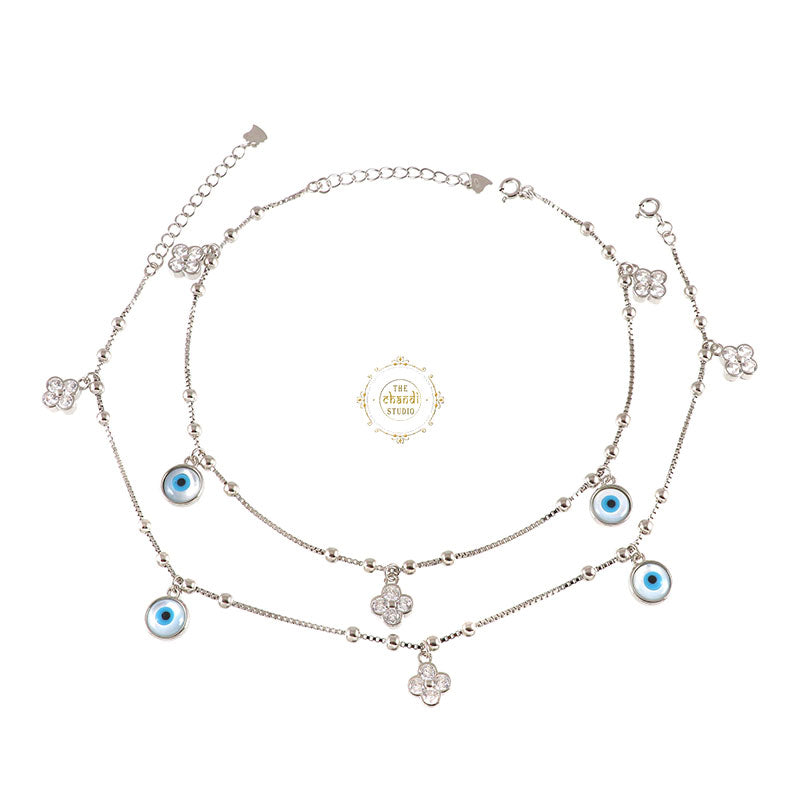 Sparkling Silver Floral Evil Eye Anklet