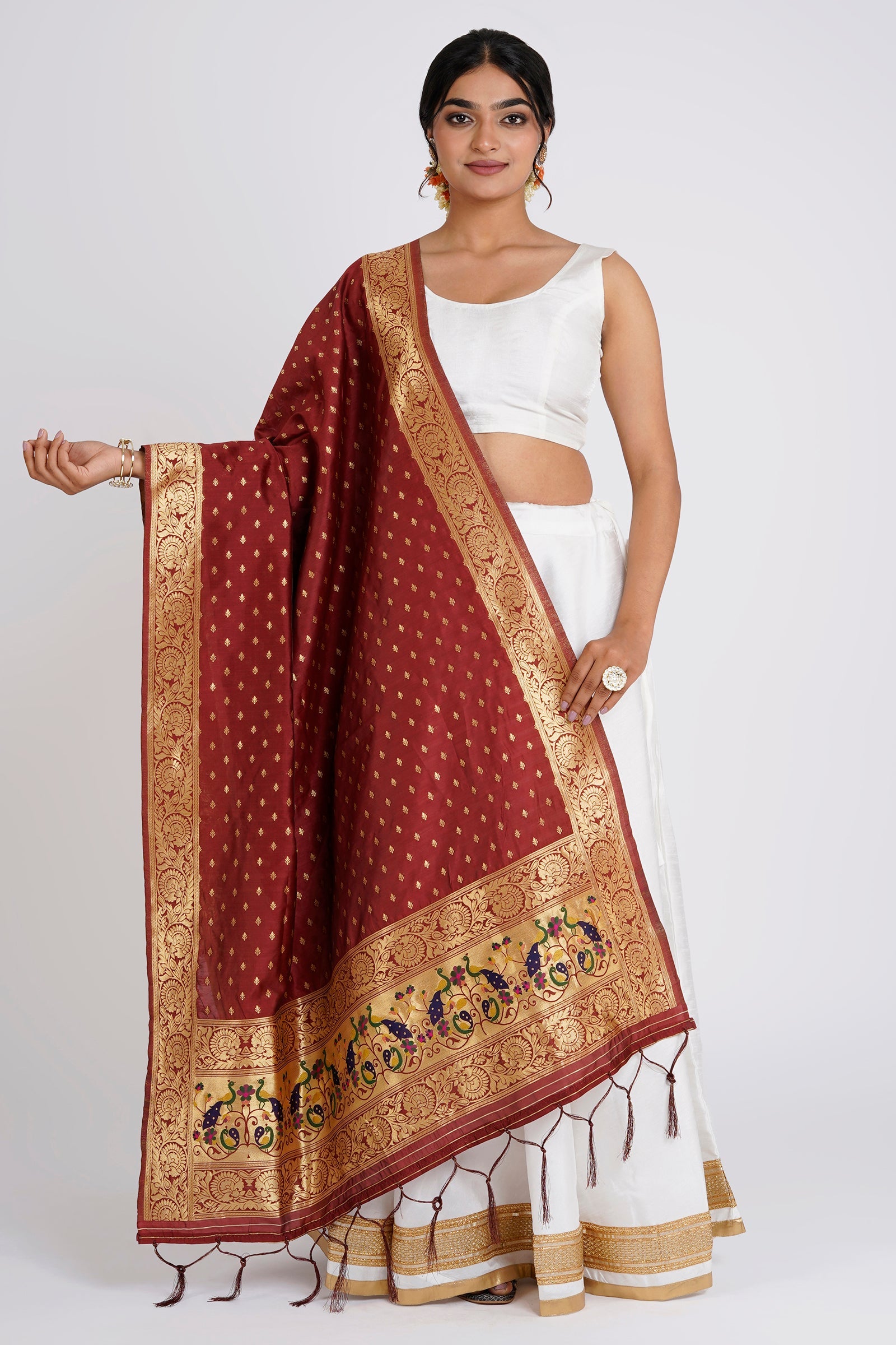 Teejh Chandira Burgundy Banarasi Dupatta