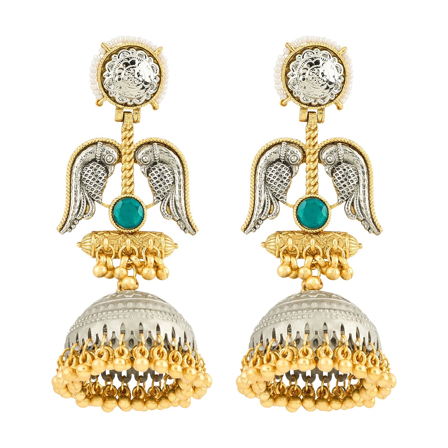 Teejh Tariqa Green Stone Dual Tone  Jhumkas