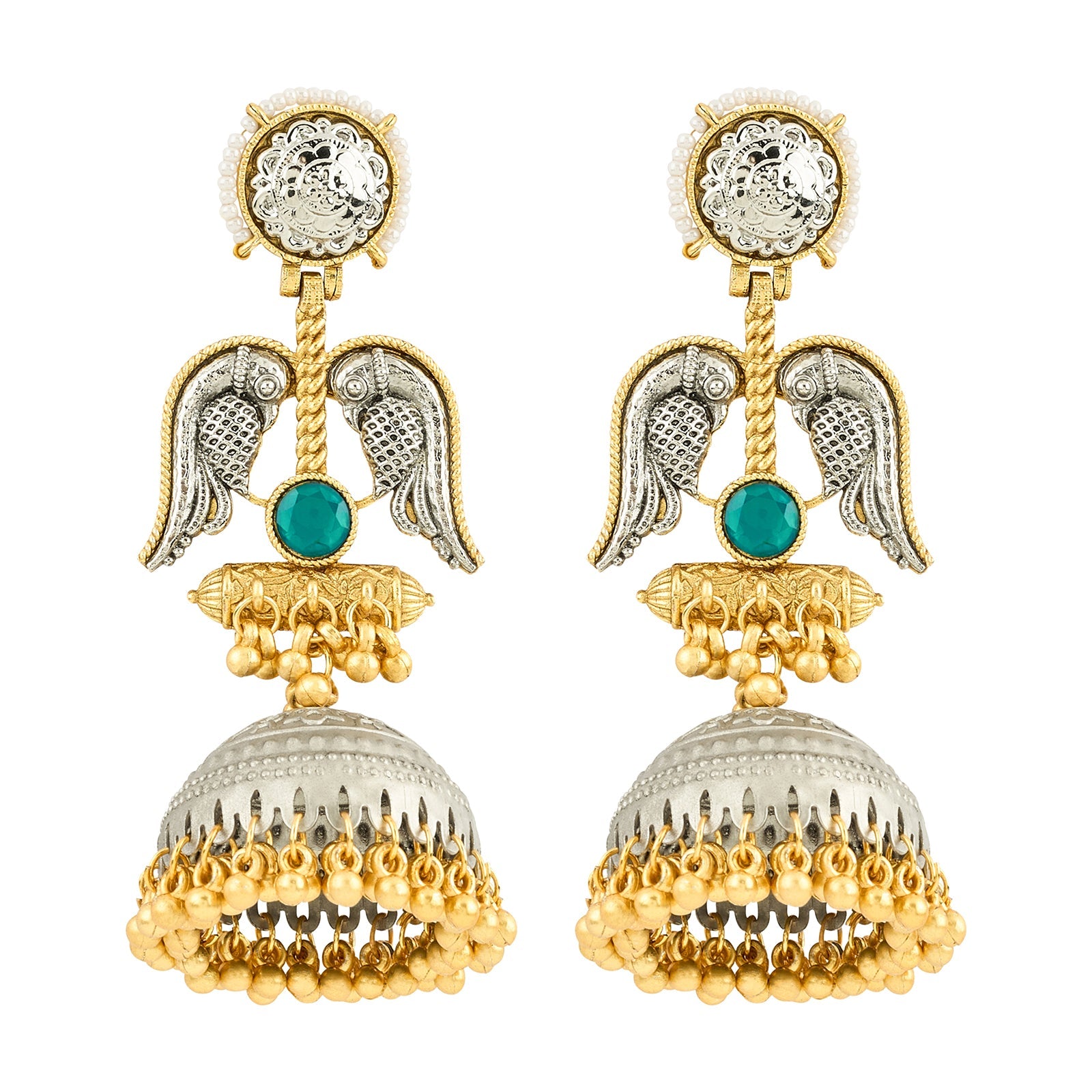 Teejh Tariqa Green Stone Dual Tone  Jhumkas