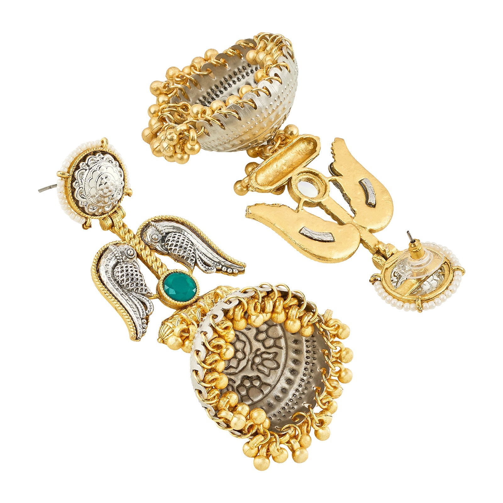 Teejh Tariqa Green Stone Dual Tone  Jhumkas