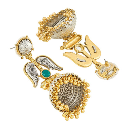 Teejh Tariqa Green Stone Dual Tone  Jhumkas