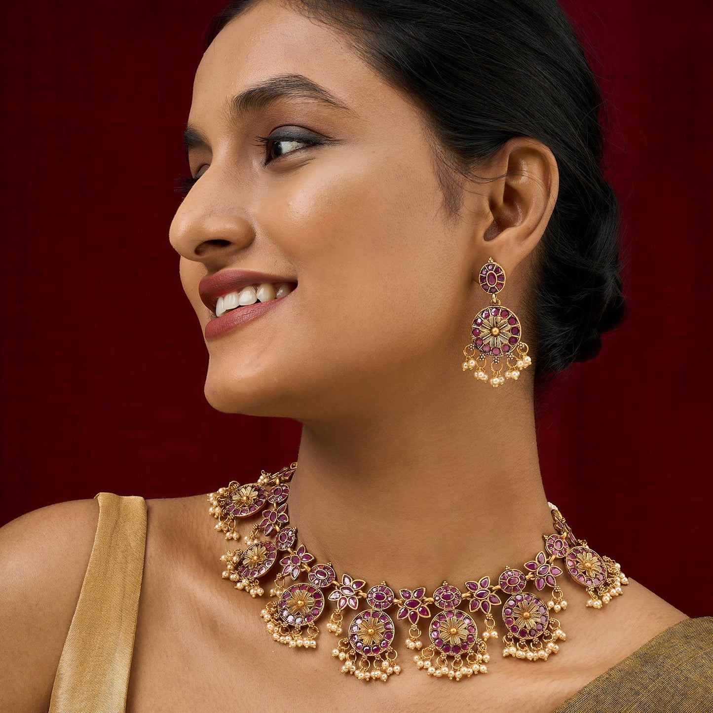 Teejh Selene Gold Pearl Red Necklace Set