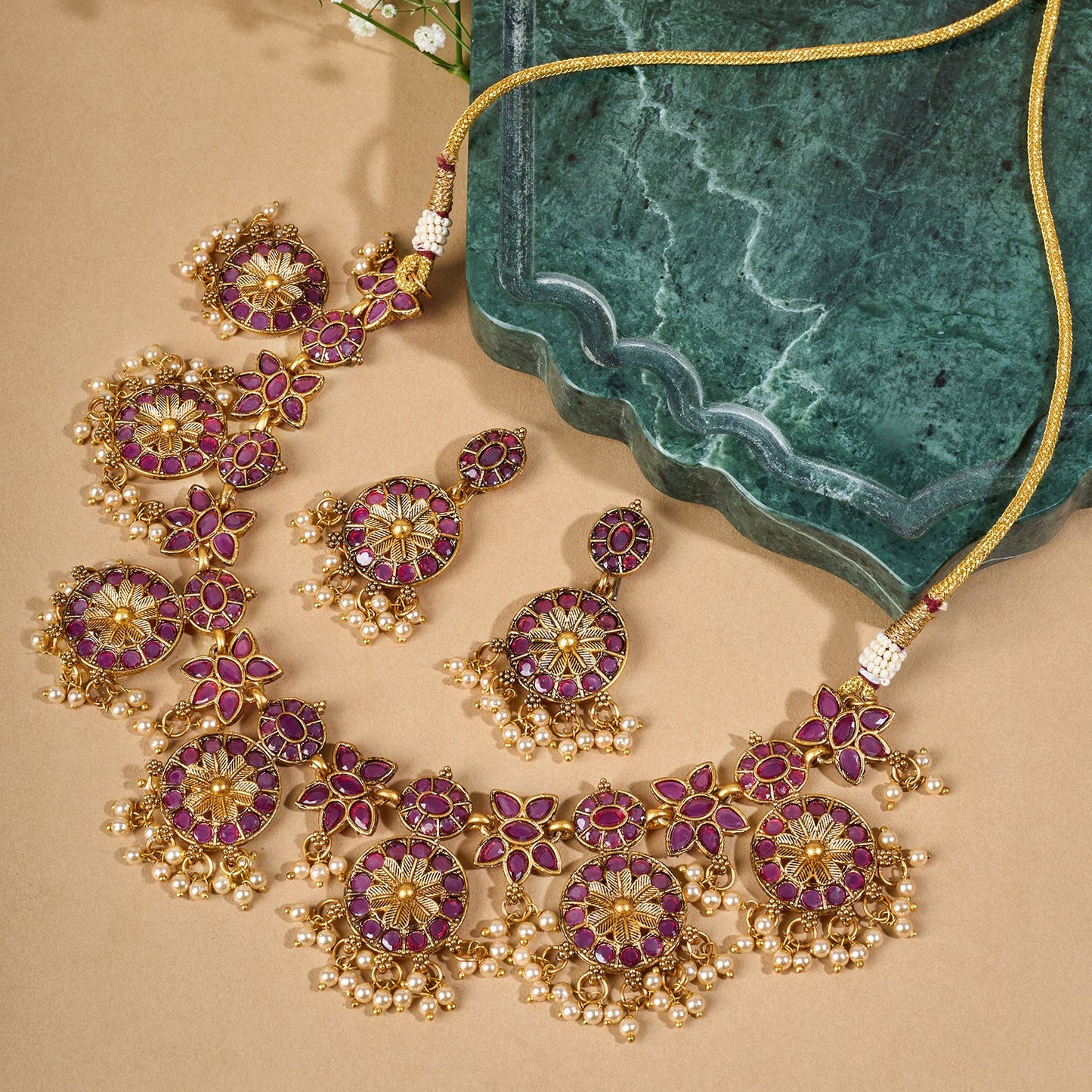 Teejh Selene Gold Pearl Red Necklace Set