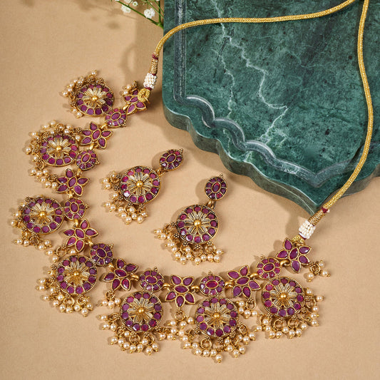 Teejh Selene Gold Pearl Red Necklace Set