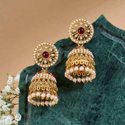 Teejh Hiran Gold Red Jhumka