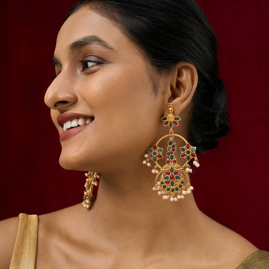 Teejh Mayi Gold Red and Green Danglers