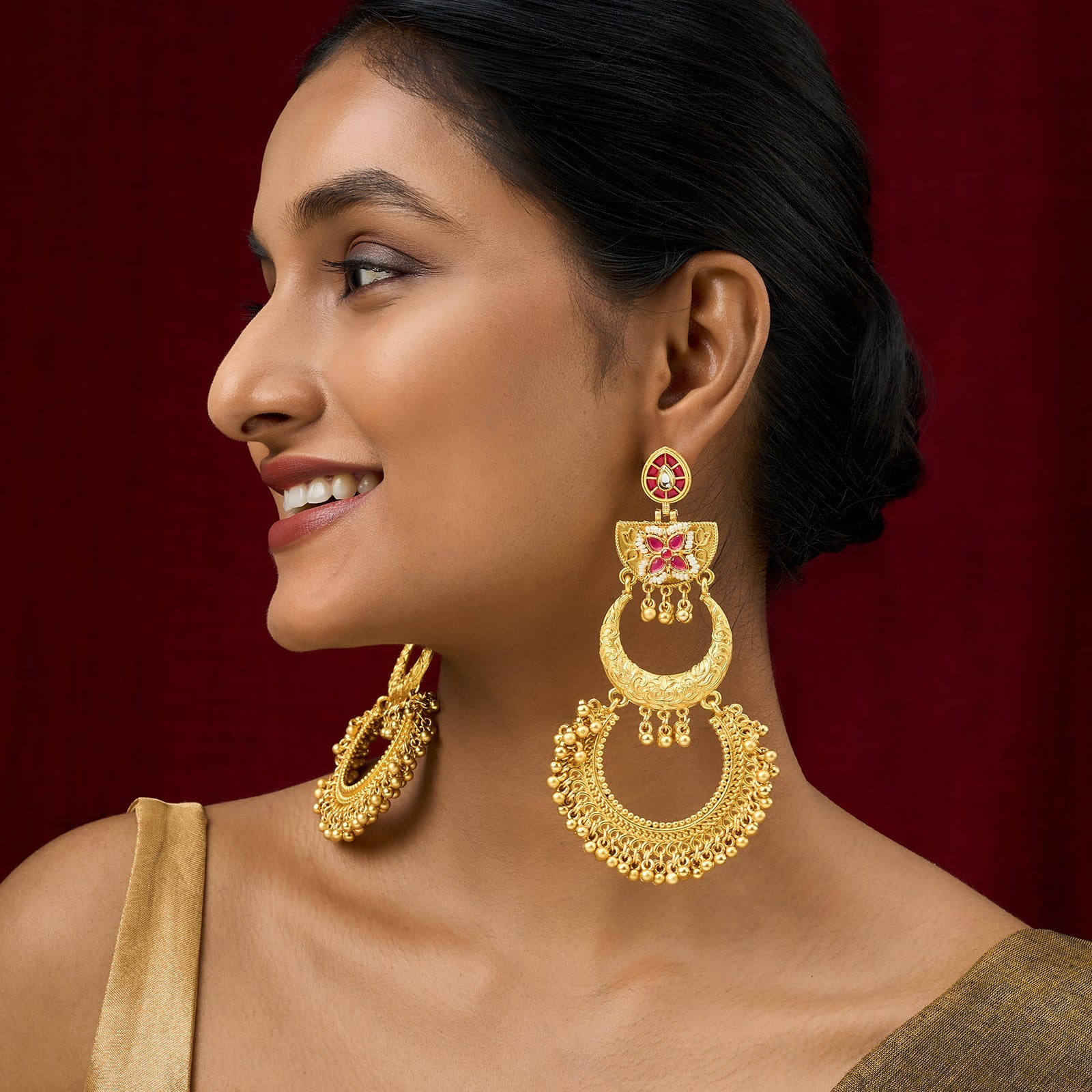 Teejh Aarzaa Gold Ghungroo Red Stone Chandbali