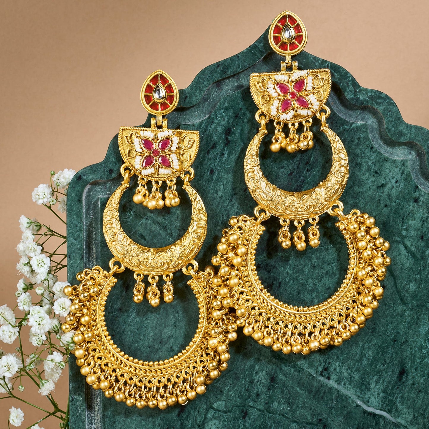 Teejh Aarzaa Gold Ghungroo Red Stone Chandbali